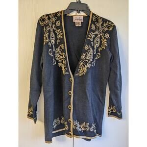 Jaclyn Smith Women's Black Long Sleeve Button Down Embroidered Cardigan Size M